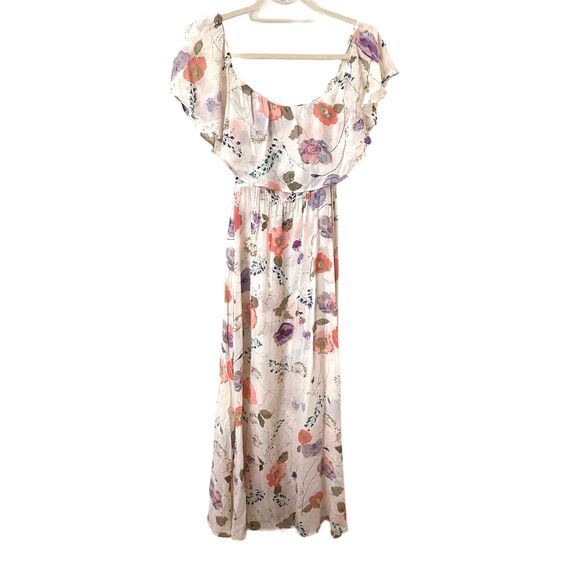 REFORMATION Chiffon Floral Off Shoulder Midi Dress Sz 0 - Picture 4 of 7